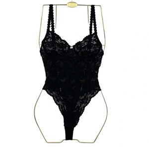 Huit 8 Lingerie Thong Back Bodysuit Womens‎ Size 70 US 32 Black Lace Floral Mesh